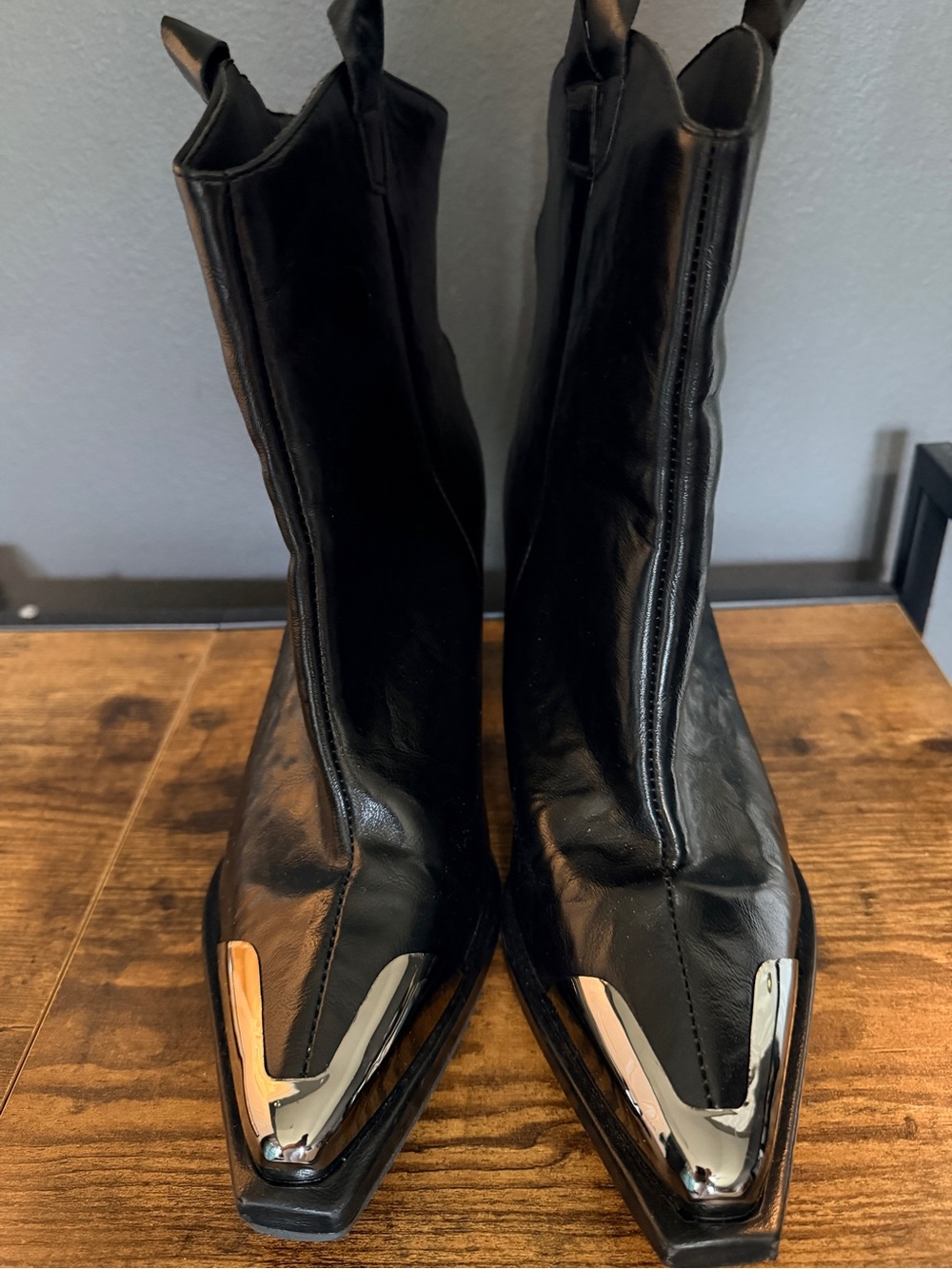 Black Pointed Toe Western Boots with Silver Toe Caps